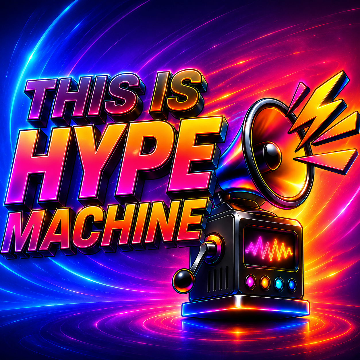 The Hype Machine neon signal console and loudspeaker